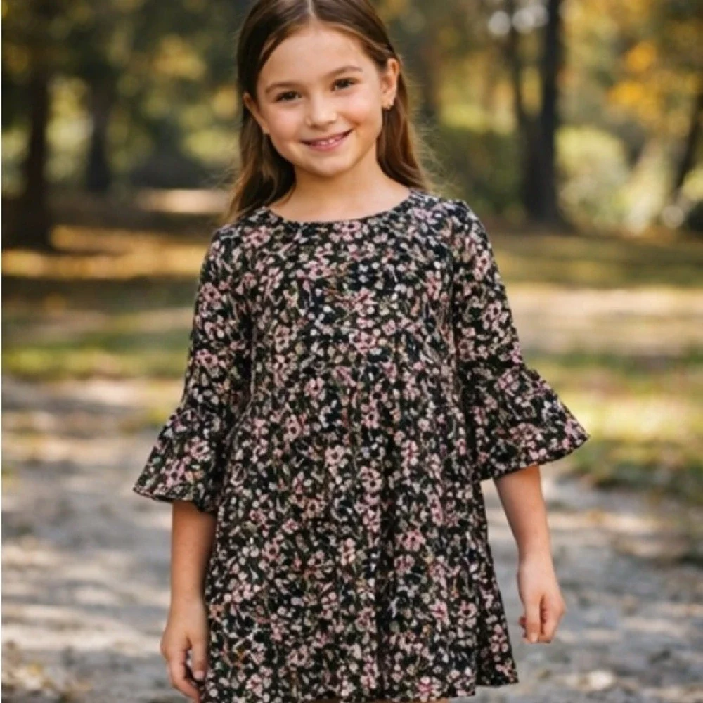 Girls Floral Dress‎ Size L Bell Sleeve Mini Multicolor Ruffle Casual Spring